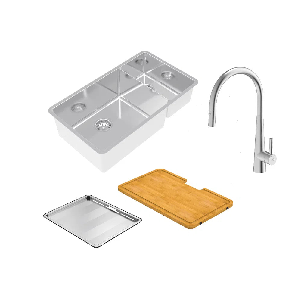 Abey Lucia Large Bowl + Three Quarter With KTA014-BR Kitchen Mixer, Drain Tray + Cutting Board
