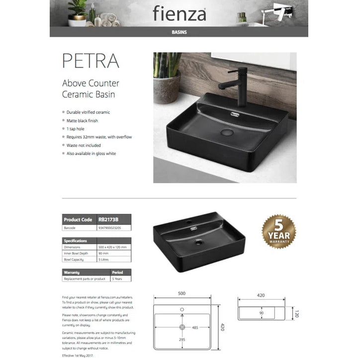Fienza Petra Matte Black Or White Ceramic Above Counter Basin