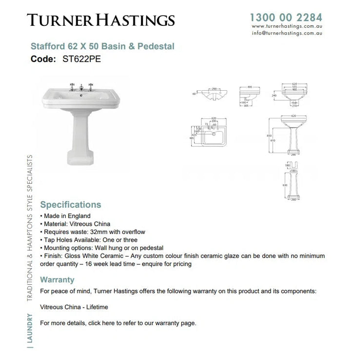 Turner Hastings Stafford 62 X 50 Basin & Pedestal