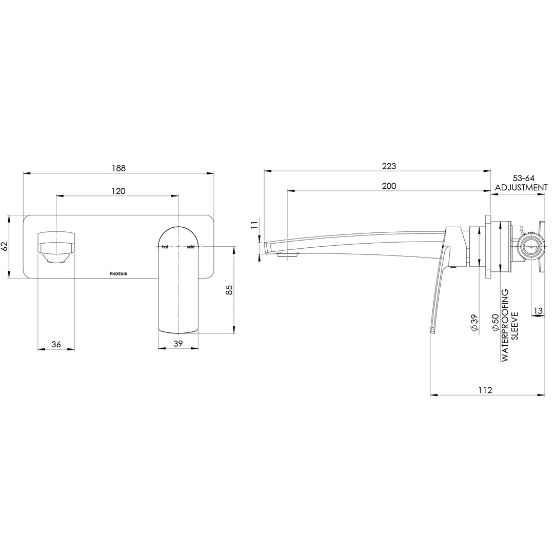 Phoenix Mekko SwitchMix Wall Basin / Bath Mixer Set 200mm (Complete Kit) - Design 10
