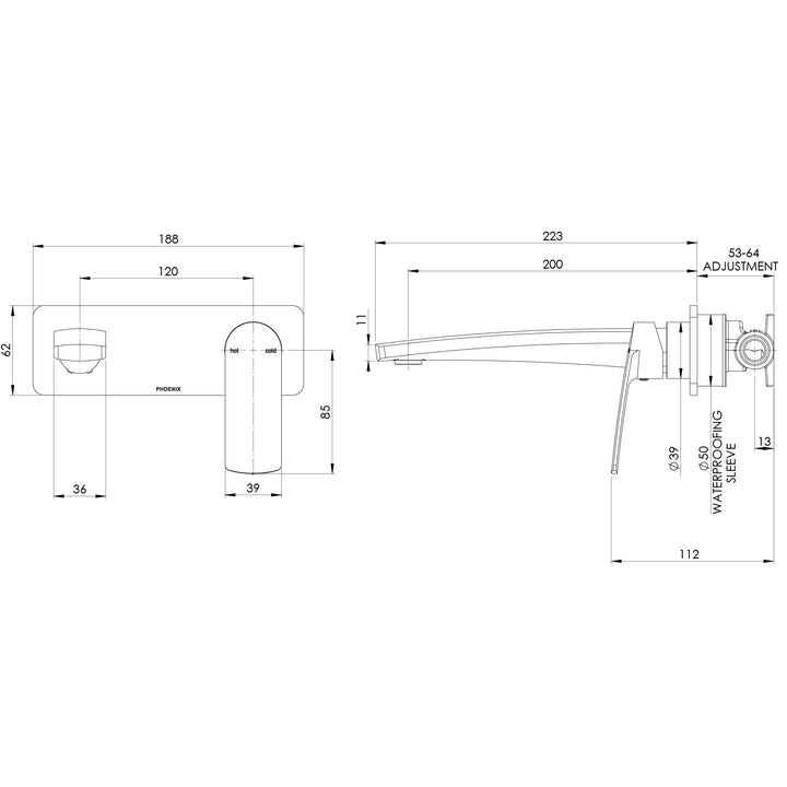 Phoenix Mekko SwitchMix Wall Basin / Bath Mixer Set 200mm (Complete Kit) - Design 10