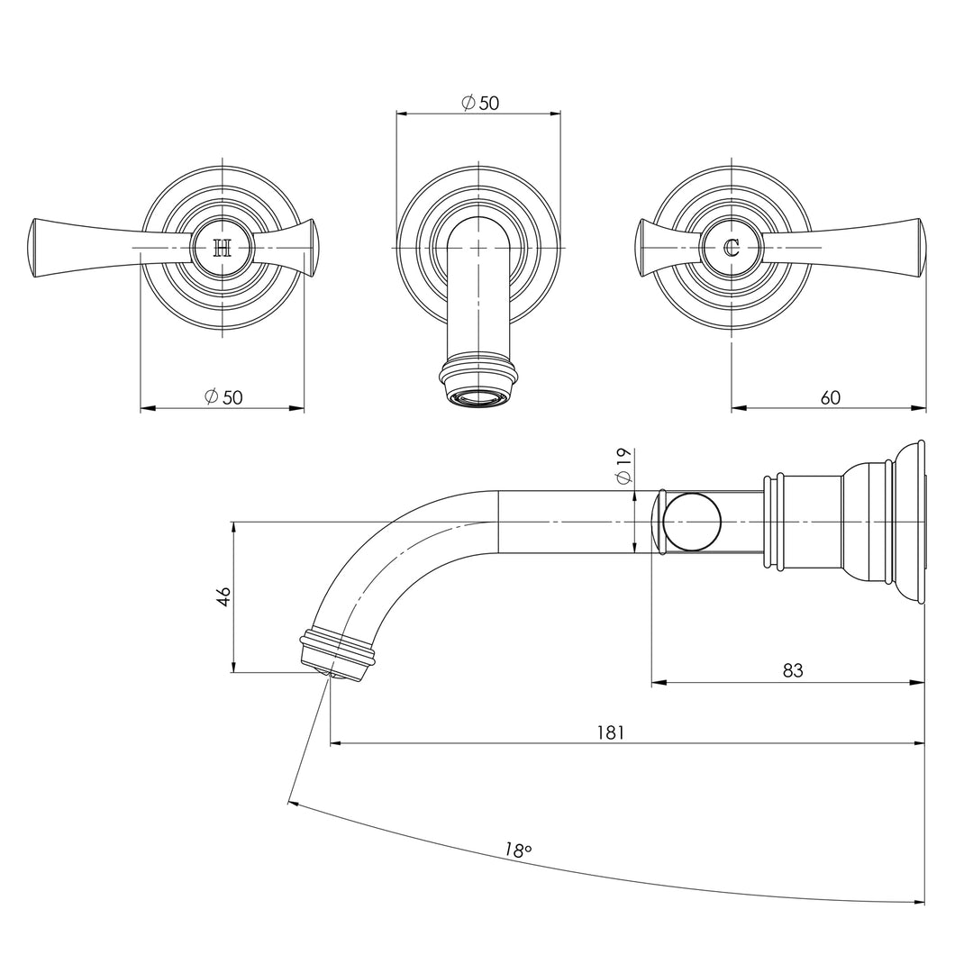 Phoenix Cromford Wall Basin / Bath Set 180mm – Lead Free - Design 10