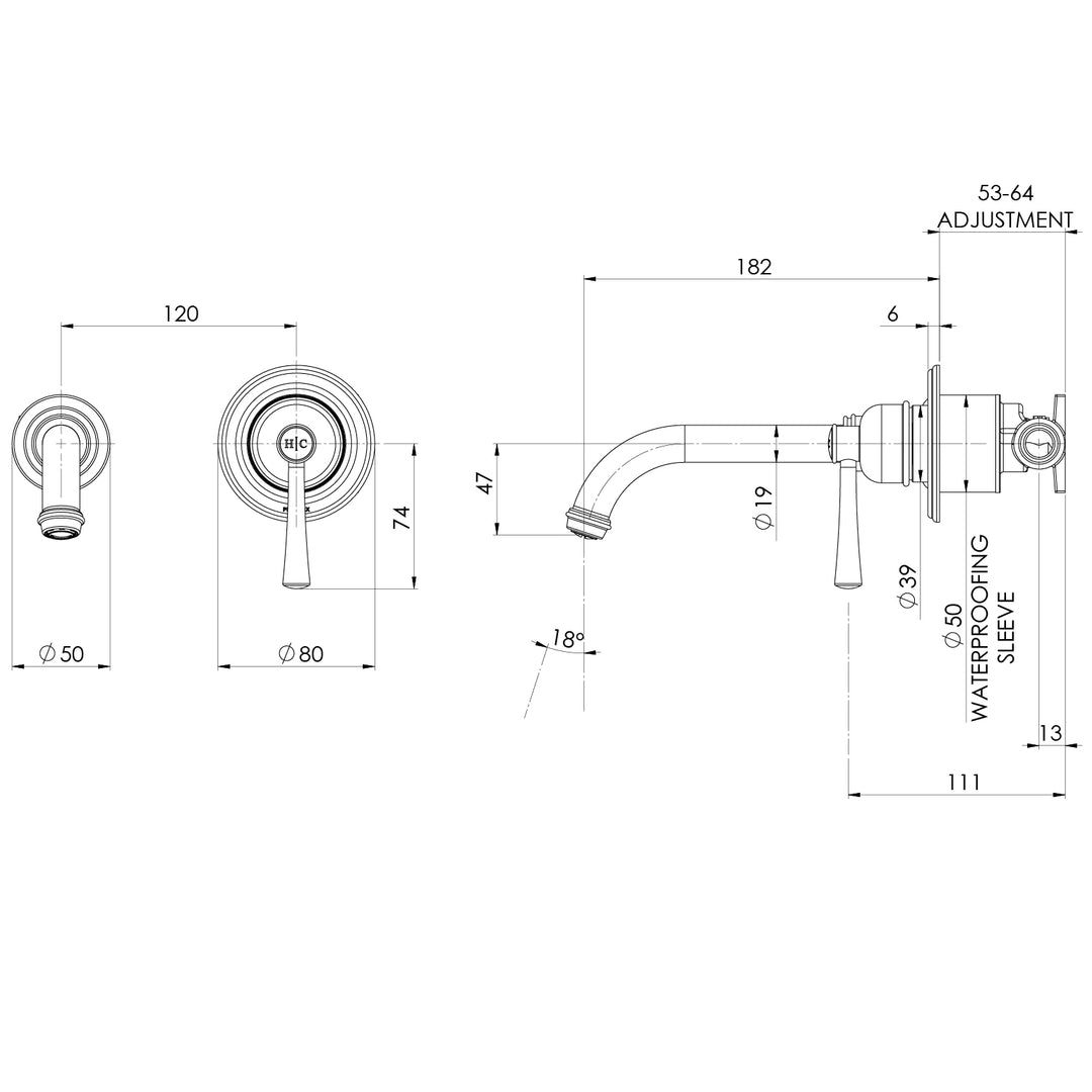 Phoenix Cromford SwitchMix Wall Basin / Bath Mixer Set 180mm (Fit-Off Kit Only) – Lead Free - Design 10