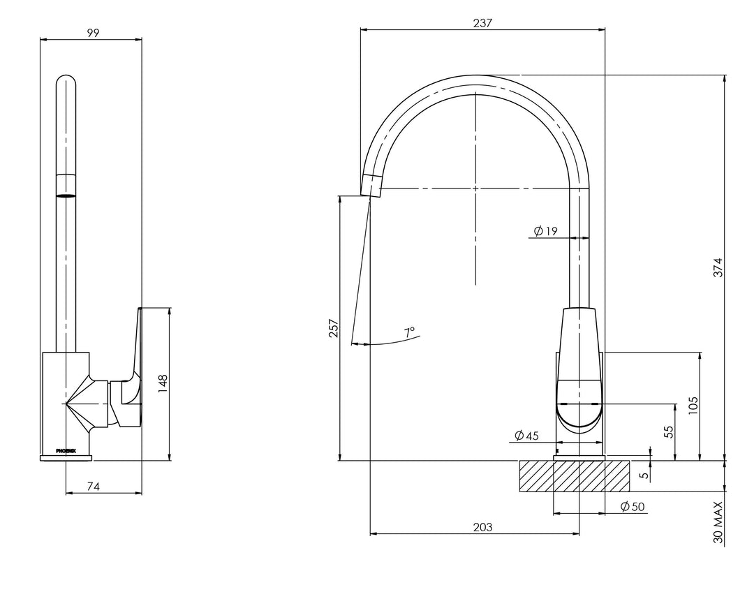 Phoenix Arlo Sink Mixer 200mm Gooseneck – 6 Star – Lead Free - Design 10