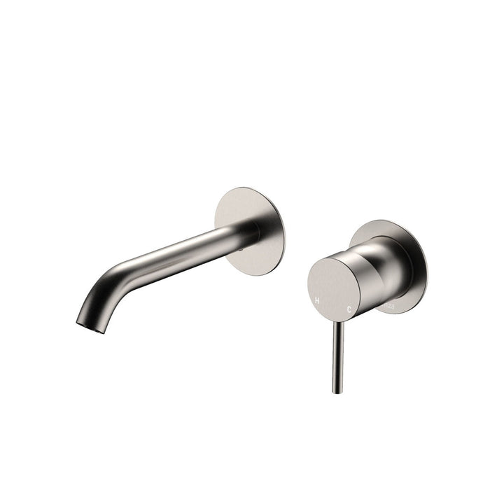 Fienza Kaya Basin/Bath Round Plate 160mm Lead Free Wall Mixer Set Brushed Nickel