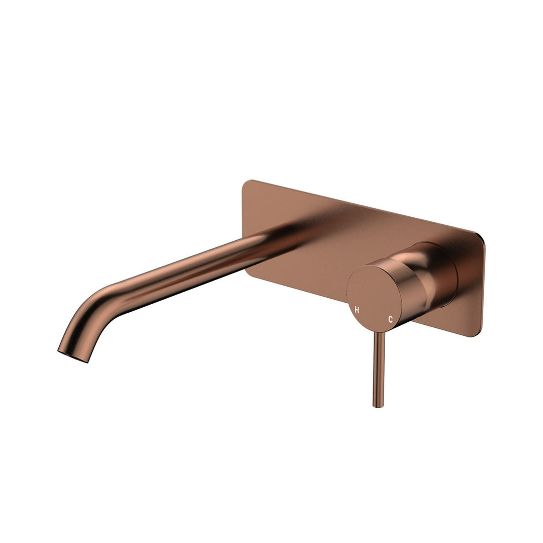 Fienza Kaya Basin/Bath Rectangular Plate 200mm Lead Free Wall Mixer Set Brushed Copper