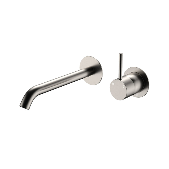 Fienza Kaya Up Round Plate 200mm Basin/Bath Lead Free Wall Mixer Set Brushed Nickel