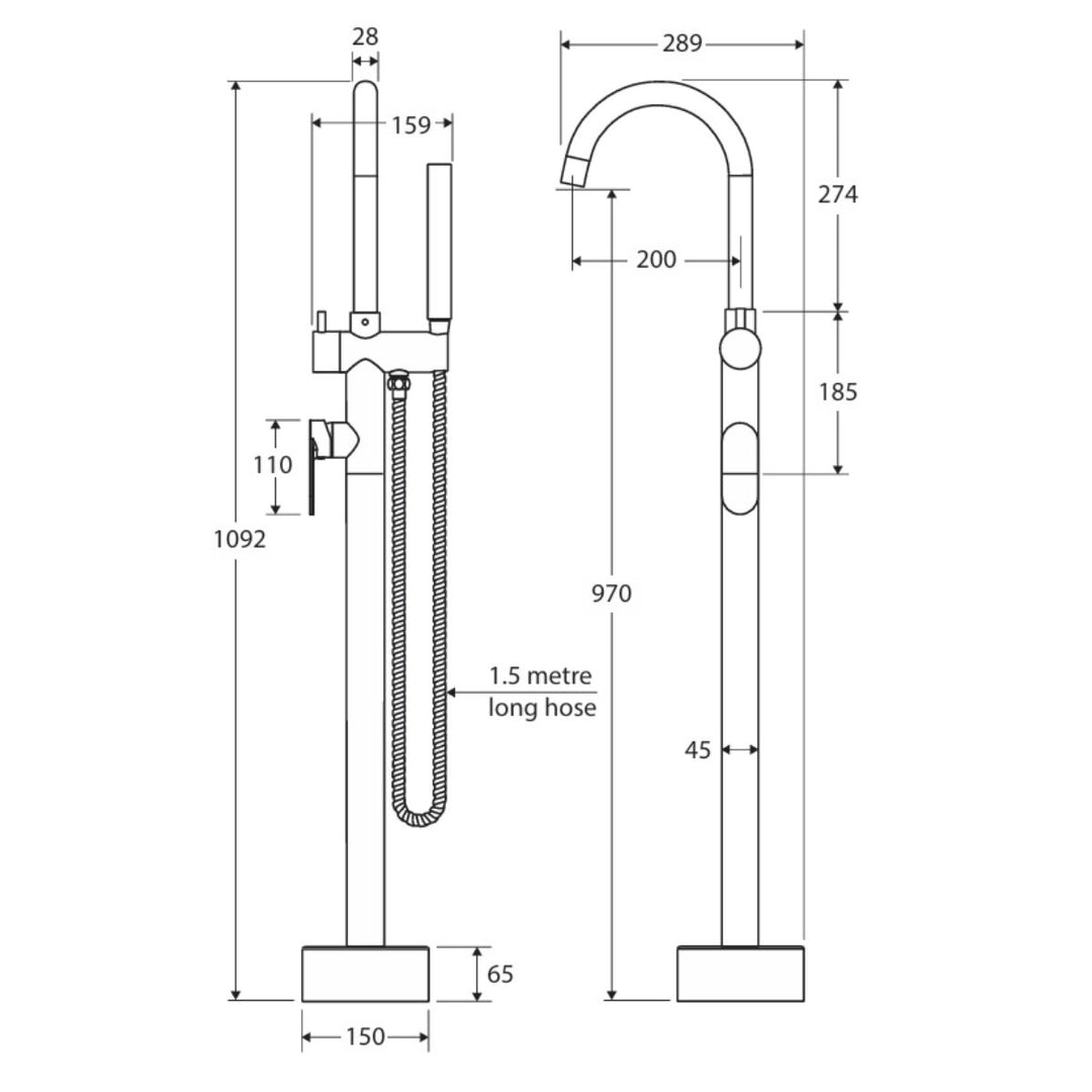 Fienza Empire Slim Floor Mounted Bath Mixer with Hand Shower