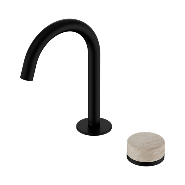 Nero Serenity Progressive Basin Mixer Arc Spout + Rome Travertine Handle - Design 10
