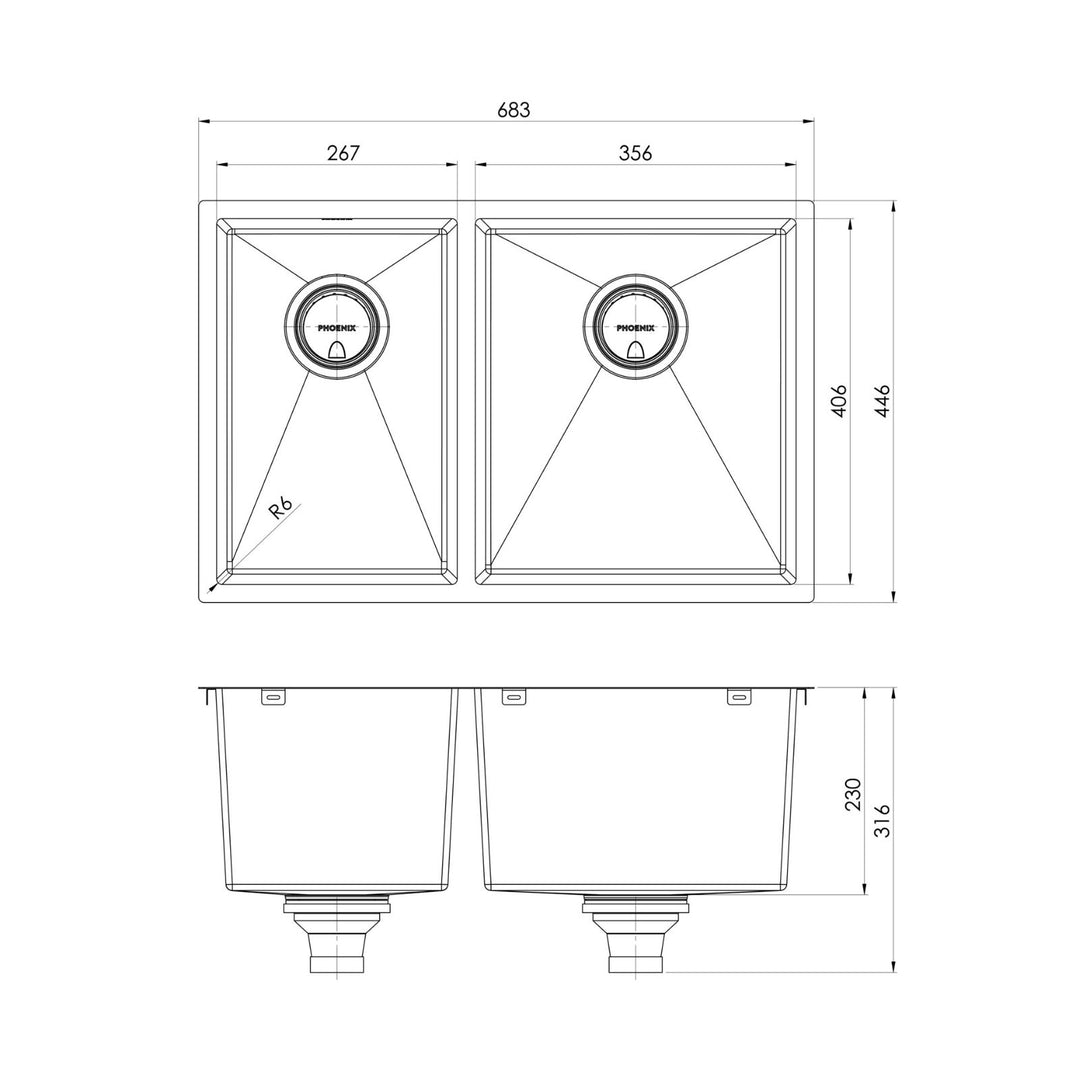 Phoenix 4000 Series 33L/25L Double Bowl Sink NTH 683 x 446mm