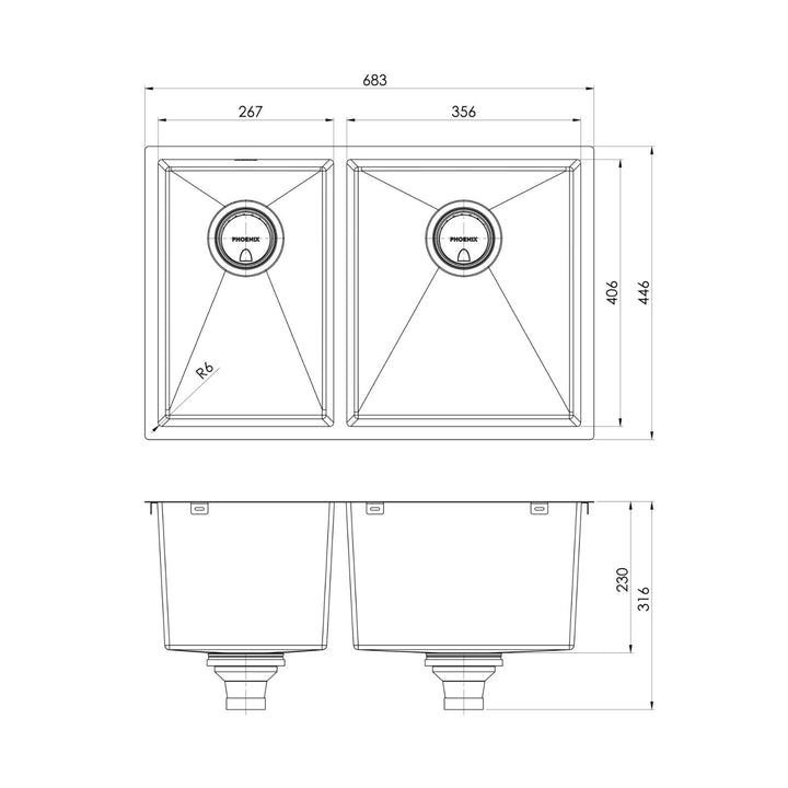 Phoenix 4000 Series 33L/25L Double Bowl Sink NTH 683 x 446mm