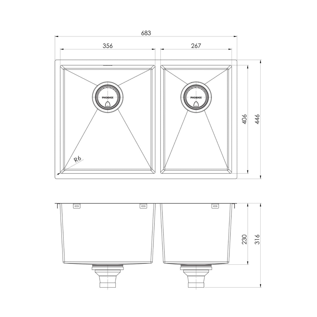 Phoenix 4000 Series 33L/25L Double Bowl Sink NTH 683 x 446mm