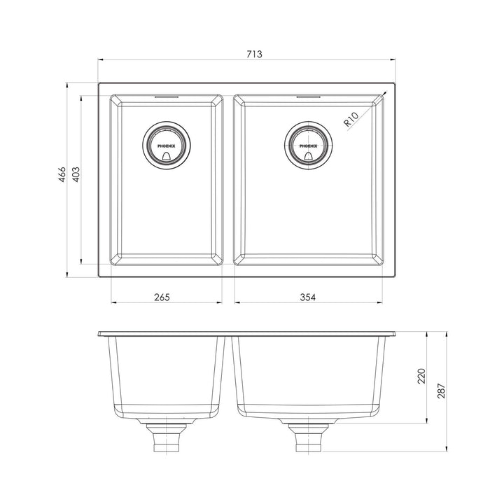 Phoenix 5000 Series 28L/21L Double Bowl Sink NTH 713 x 466mm