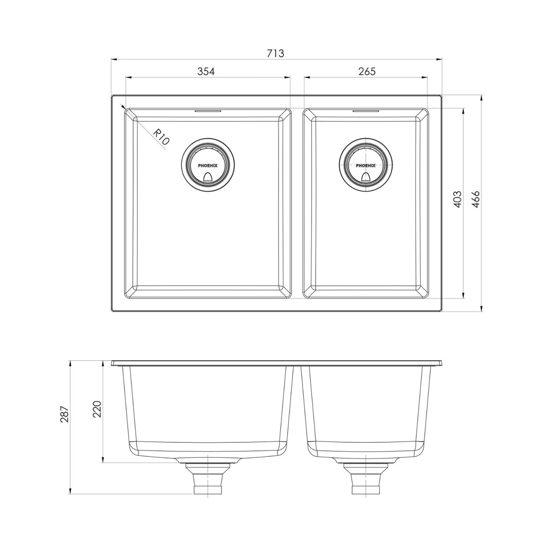 Phoenix 5000 Series 28L/21L Double Bowl Sink NTH 713 x 466mm