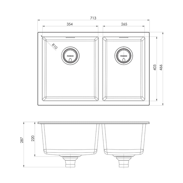 Phoenix 5000 Series 28L/21L Double Bowl Sink NTH 713 x 466mm