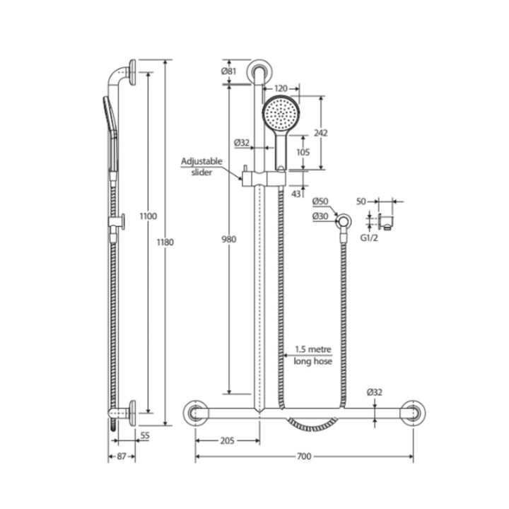 Fienza Luciana Care Inverted T Rail Shower - Chrome