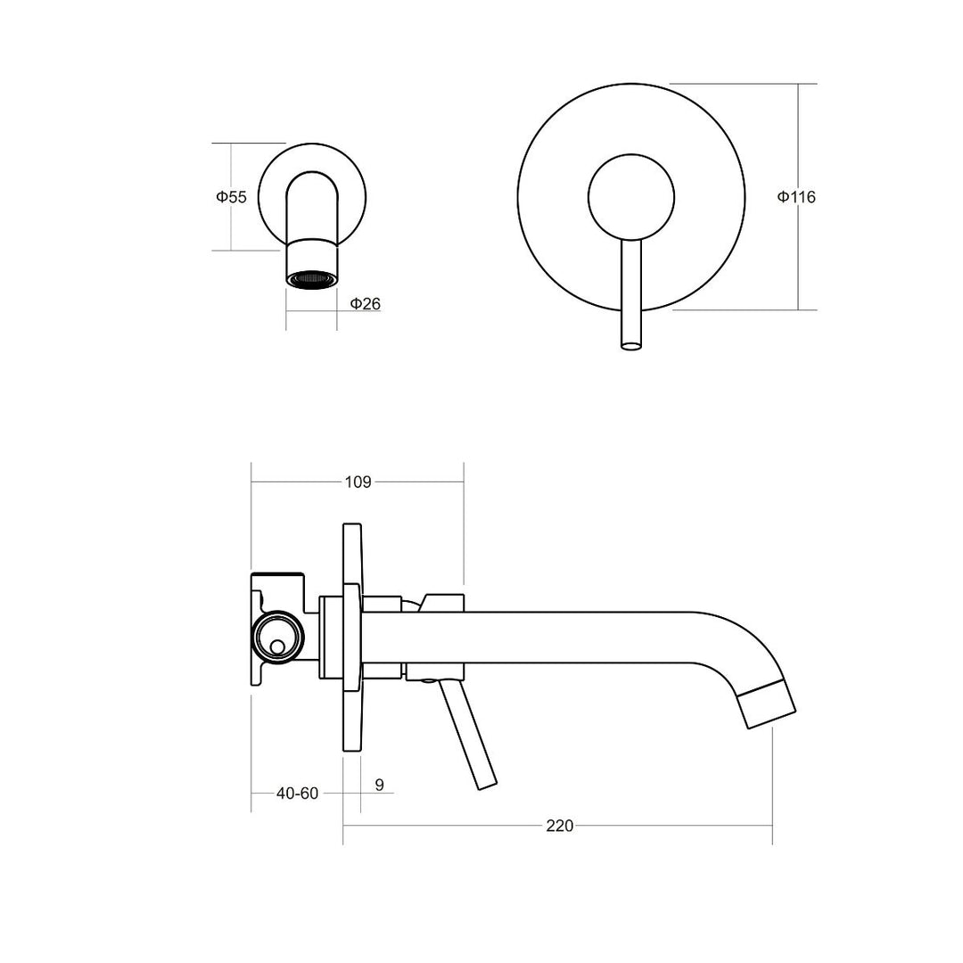 Alder FLEX 220mm Wall Basin/Bath Mixer Set Lead Free (Trim Kit)