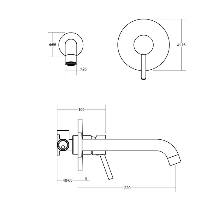 Alder FLEX 220mm Wall Basin/Bath Mixer Set Lead Free (Trim Kit)