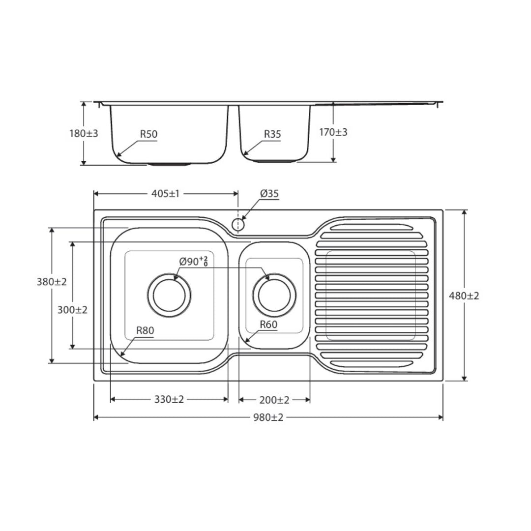 Fienza Tiva 980 1.5 Bowl Kitchen Sink with Drainer 1TH 980 x 480mm