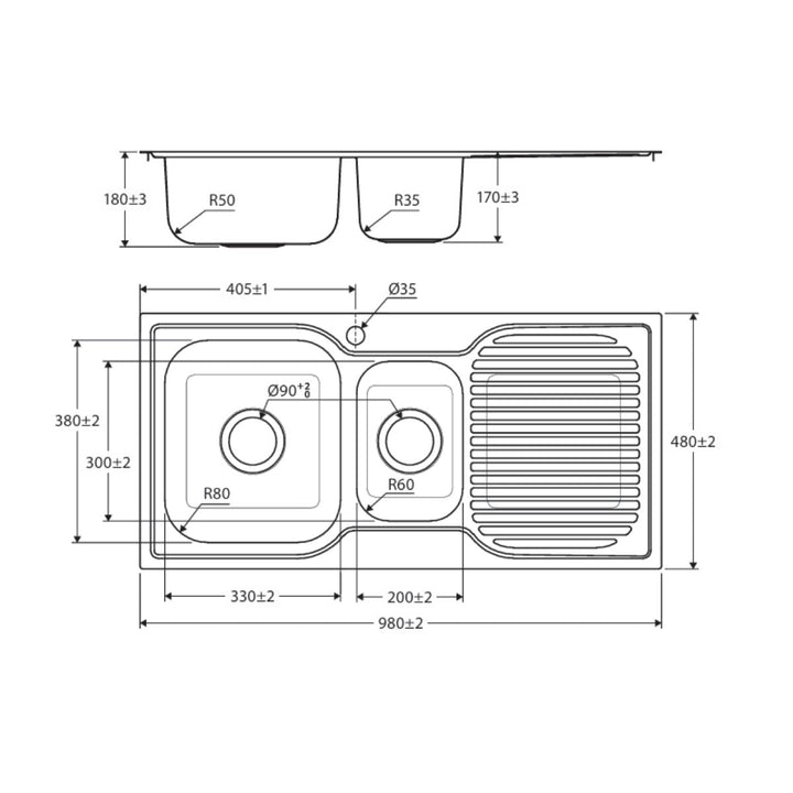 Fienza Tiva 980 1.5 Bowl Kitchen Sink with Drainer 1TH 980 x 480mm