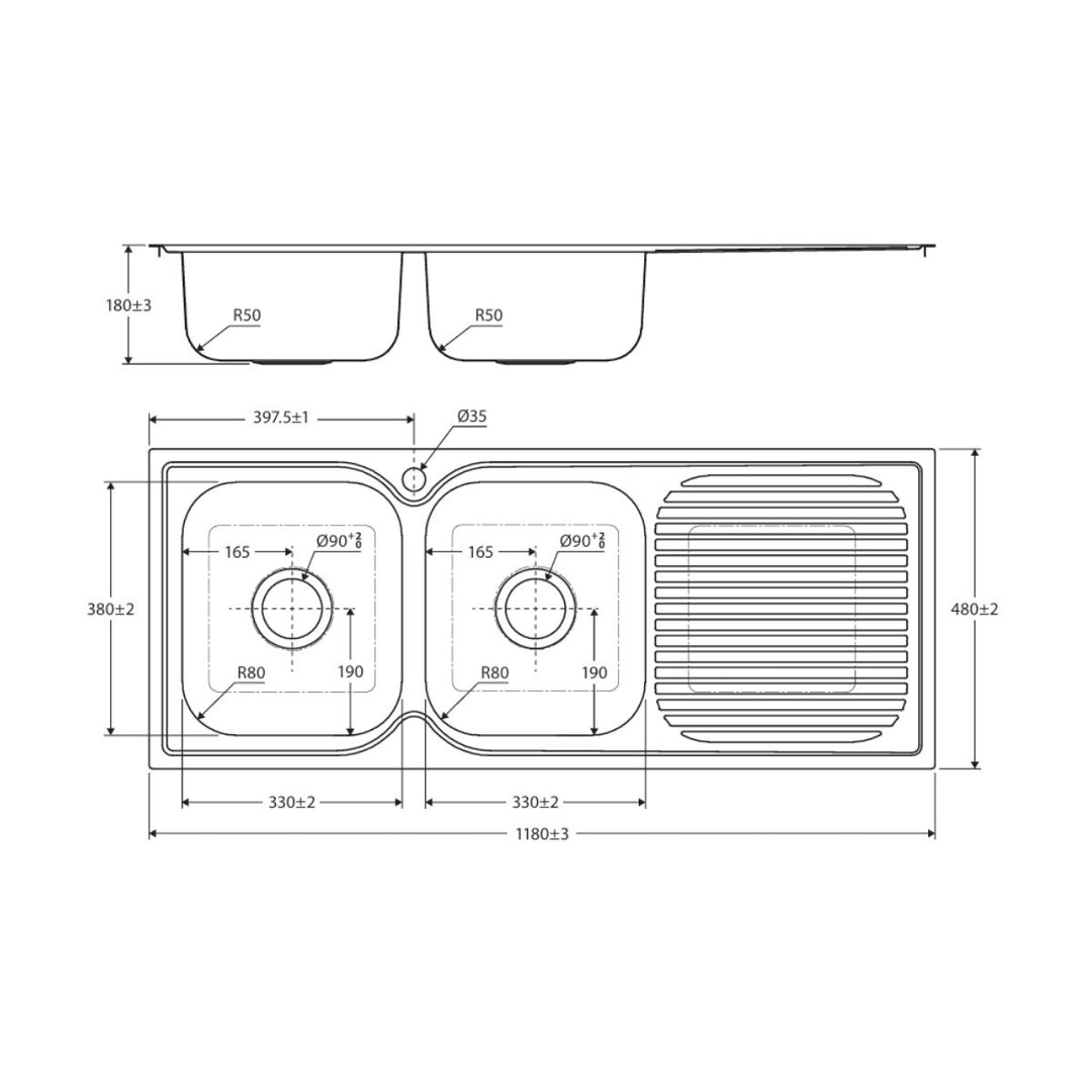 Fienza Tiva 1180 Double Bowl Kitchen Sink with Drainer