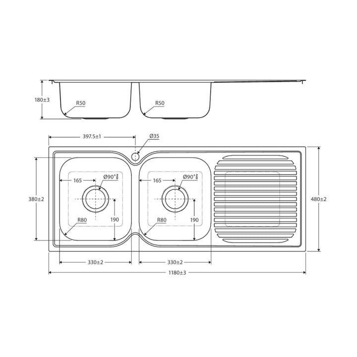 Fienza Tiva 1180 Double Bowl Kitchen Sink with Drainer