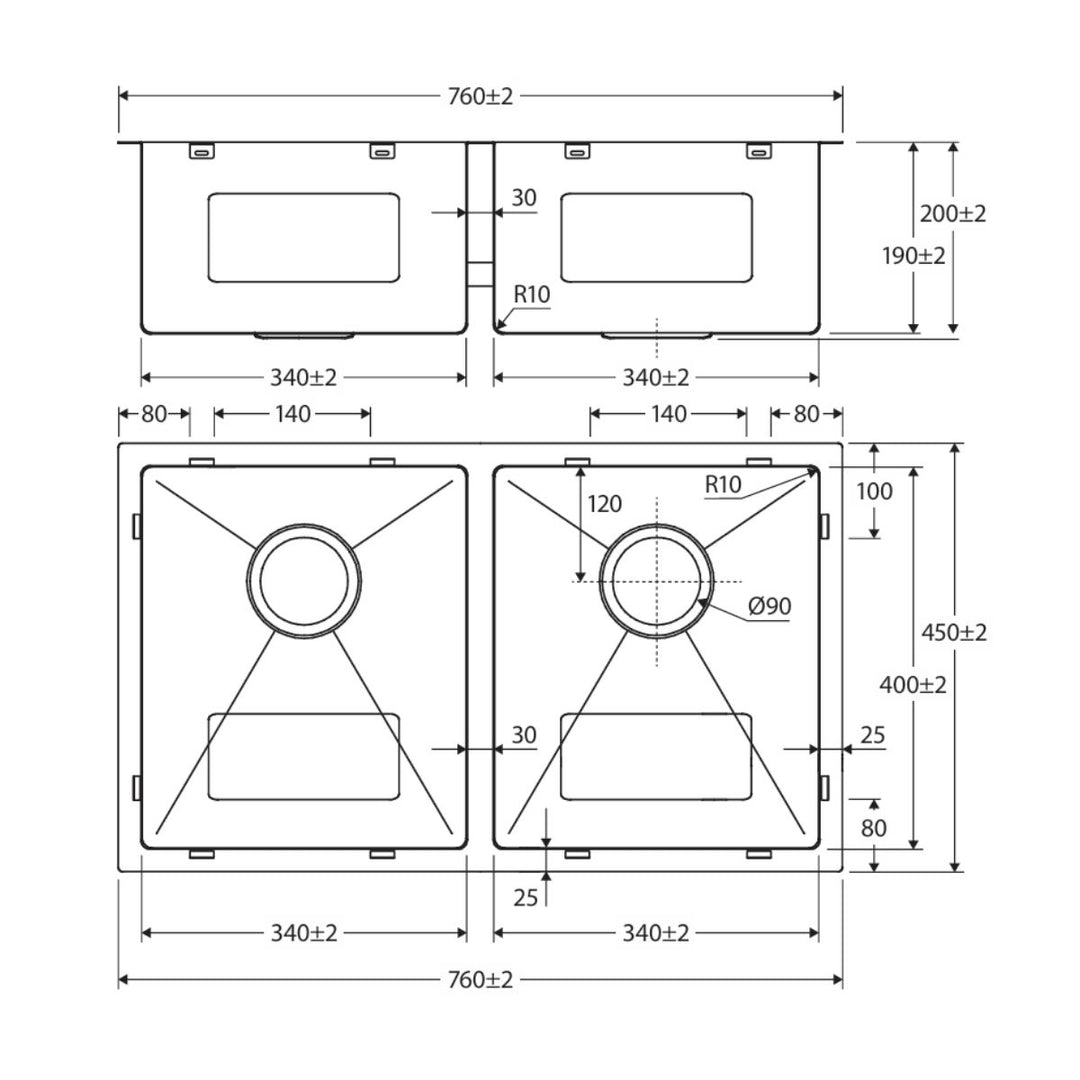 Fienza Hana 27L/27L Double Bowl Kitchen Sink NTH 760 x 450mm