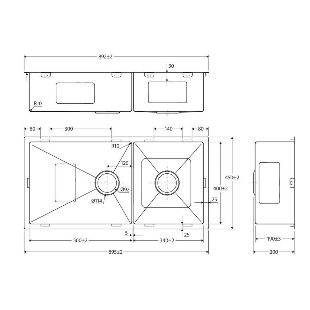 Fienza Hana 40L/27L Double Bowl Kitchen Sink NTH 892 x 450mm