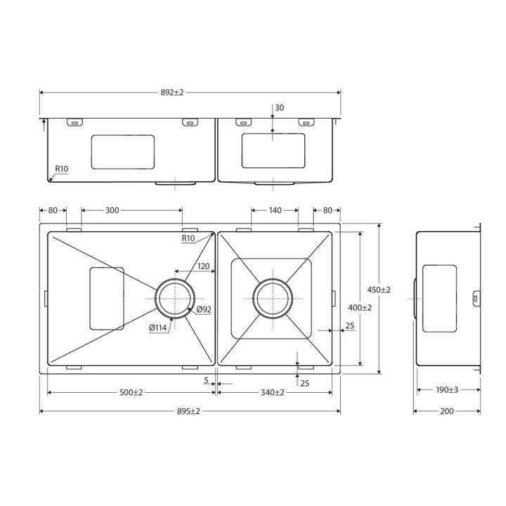Fienza Hana 40L/27L Double Bowl Kitchen Sink NTH 892 x 450mm