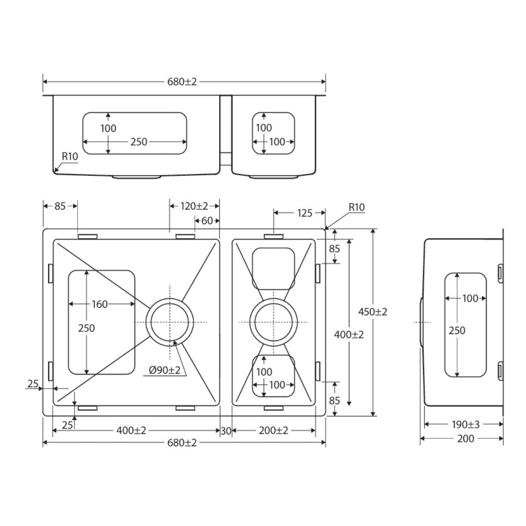 Fienza Hana 30L/15L Double Bowl Kitchen Sink NTH 680 x 450mm