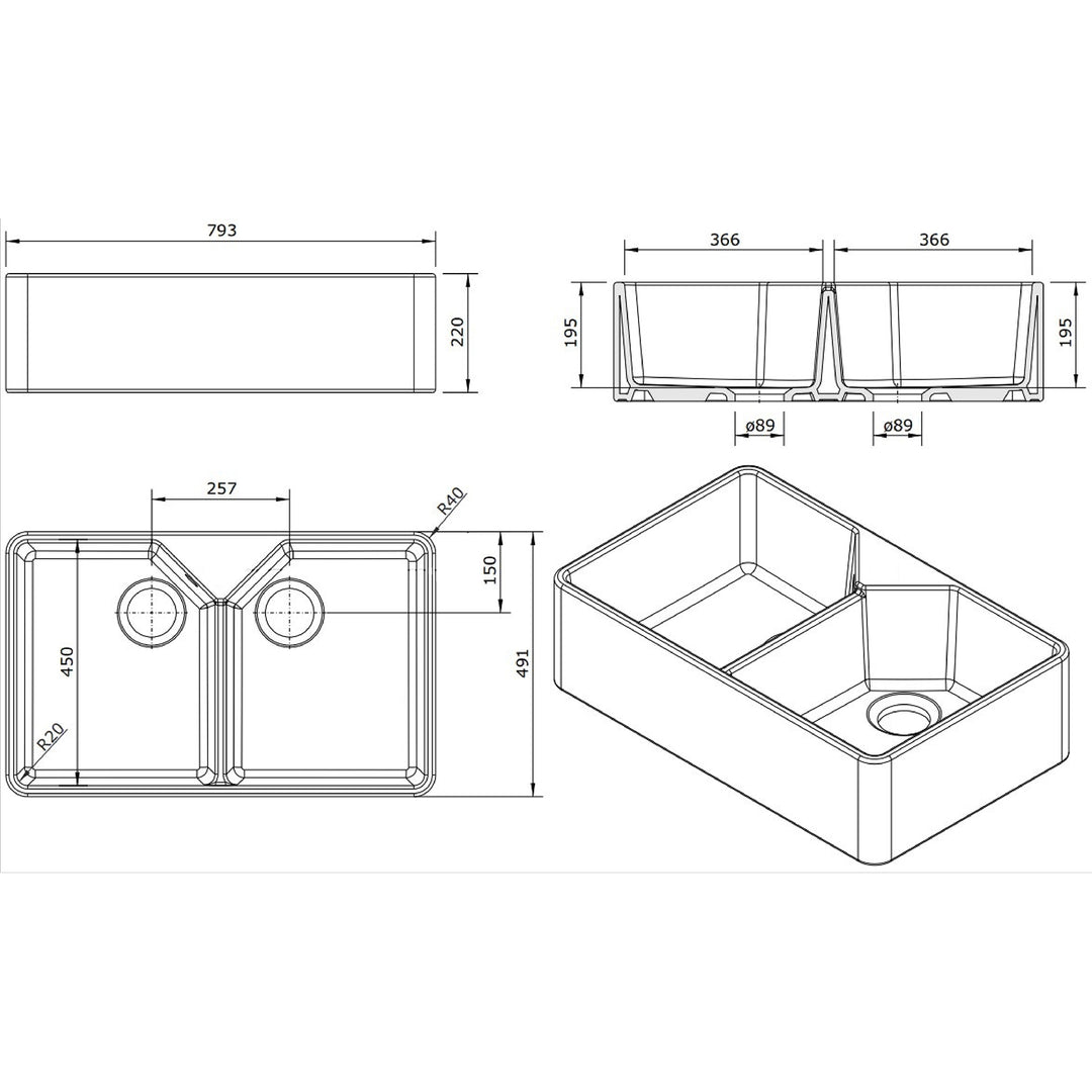 Turner Hastings Chester 80x50 Flat Front Fine Fireclay Butler Sink - Design 10
