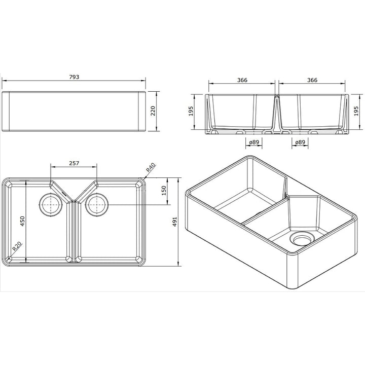 Turner Hastings Chester 80x50 Flat Front Fine Fireclay Butler Sink - Design 10