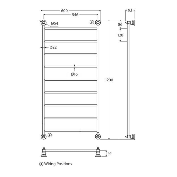 Fienza LILLIAN 9 Bar Heated Towel Ladder 600mm x 1200mm
