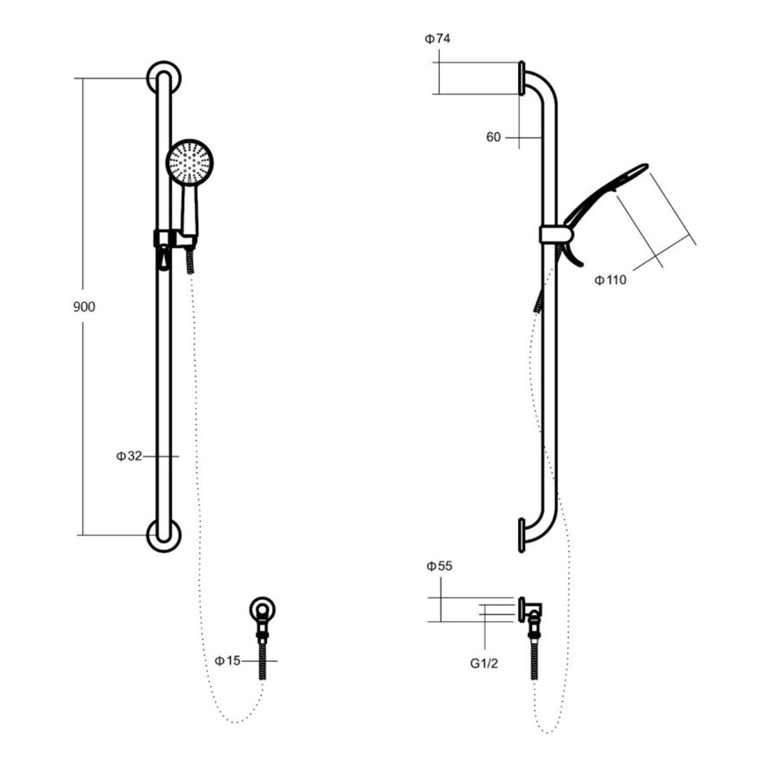 Alder Care HS375 Shower 900mm Straight Rail