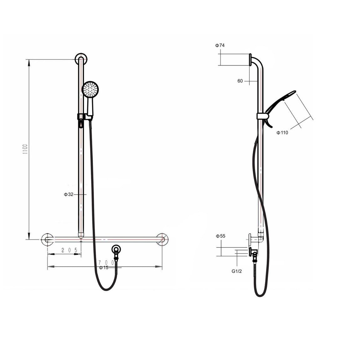 Alder Care HS375 Shower 90 Degree Rail Left