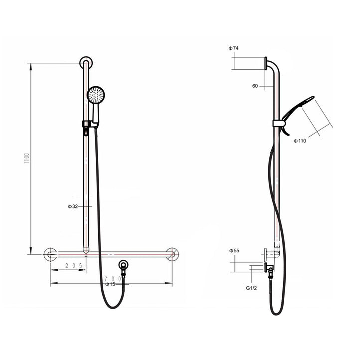 Alder Care HS375 Shower 90 Degree Rail Left