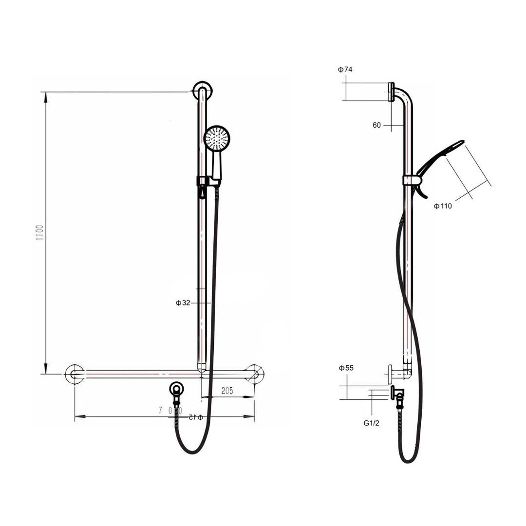 Alder Care HS375 Shower 90 Degree Rail Right