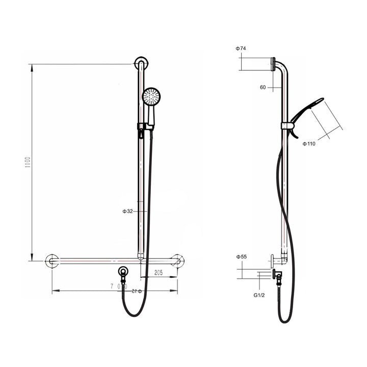 Alder Care HS375 Shower 90 Degree Rail Right
