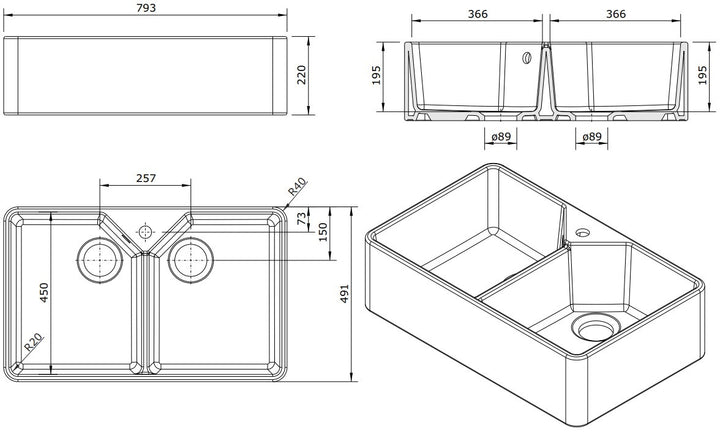 Turner Hastings Chester 80x50 Flat Front Fine Fireclay Butler Sink + Overflow - Design 10
