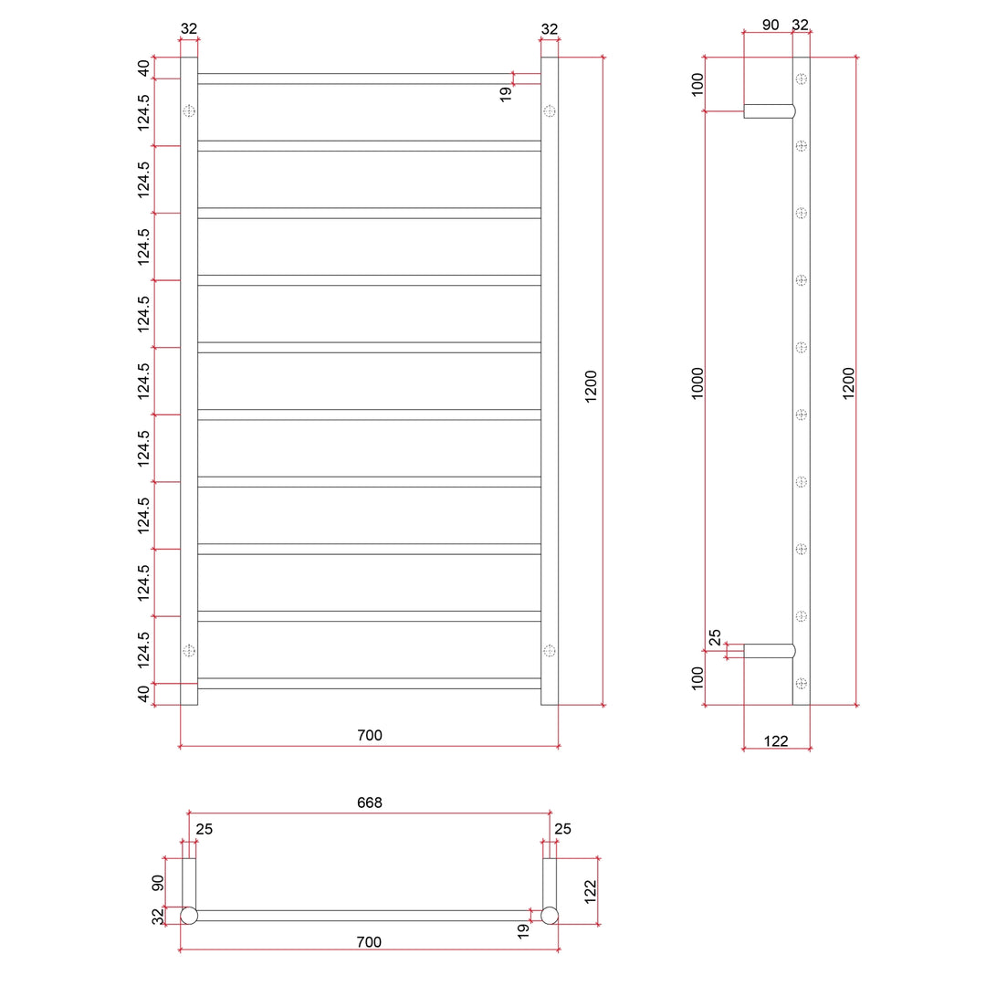 Thermorail Straight Round 10 Bar Heated Towel Ladder 700mm x 1200mm