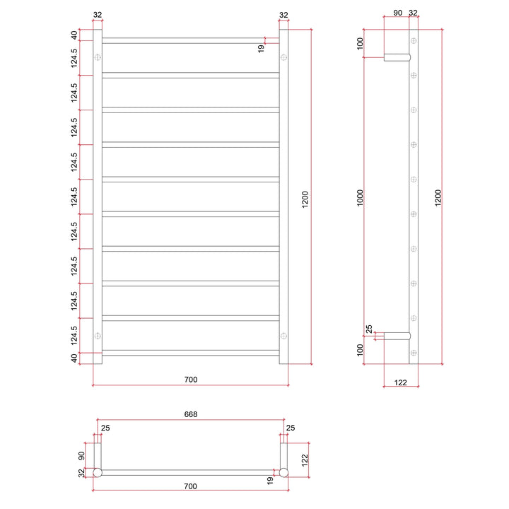Thermorail Straight Round 10 Bar Heated Towel Ladder 700mm x 1200mm