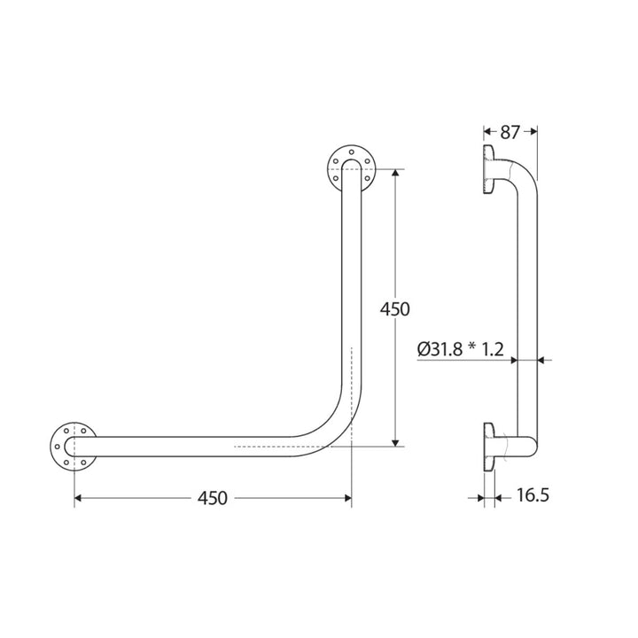 Fienza Care Ambulant 90° Grab Rail, 450mm x 450mm