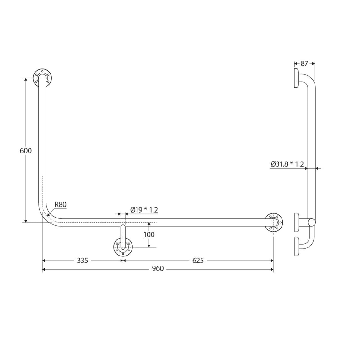 Fienza Care Accessible 90° Right-Hand Grab Rail - 960 x 600mm