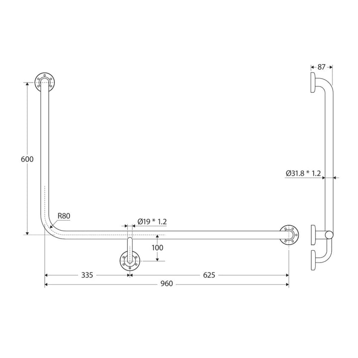 Fienza Care Accessible 90° Right-Hand Grab Rail - 960 x 600mm