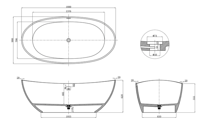 Kaskade KR05 Oval Stone Bath 1800mm
