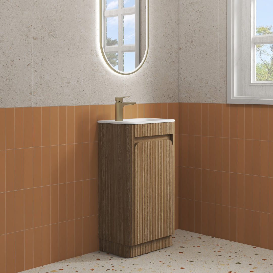 Aulic Mini Hartelle Fluted Harvest Oak Floor Standing Vanity - 470mm - Design 10