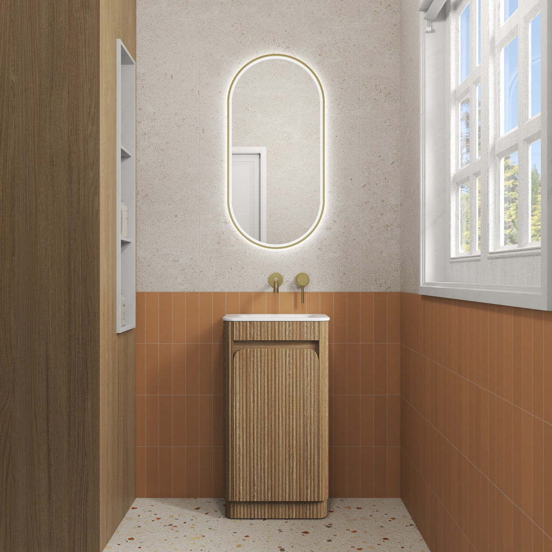 Aulic Mini Hartelle Fluted Harvest Oak Floor Standing Vanity - 470mm - Design 10