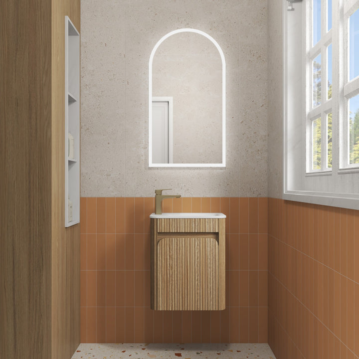 Aulic Mini Hartelle Fluted Harvest Oak Wall Hung Vanity - 470mm - Design 10