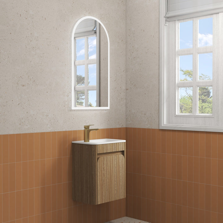 Aulic Mini Hartelle Fluted Harvest Oak Wall Hung Vanity - 470mm - Design 10