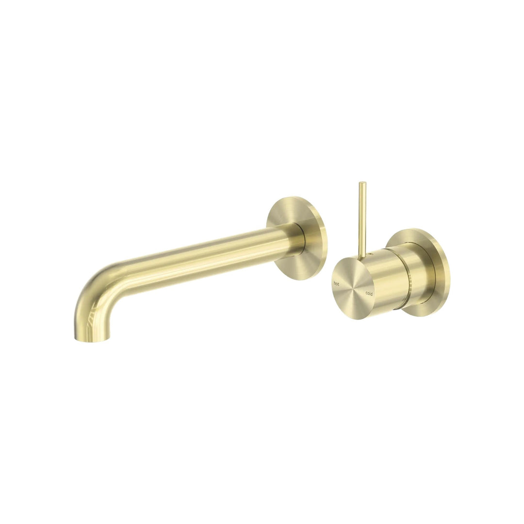 Nero Mecca Wall Basin Mixer Separate Back Plate Handle Up 185mm Spout Brushed Gold